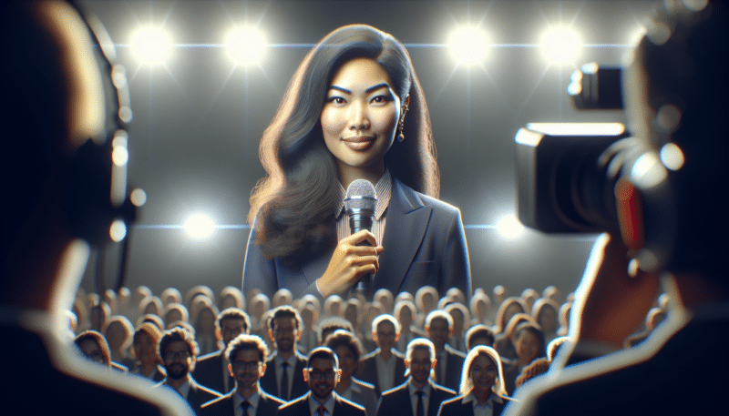 Woman with microphone addressing audience