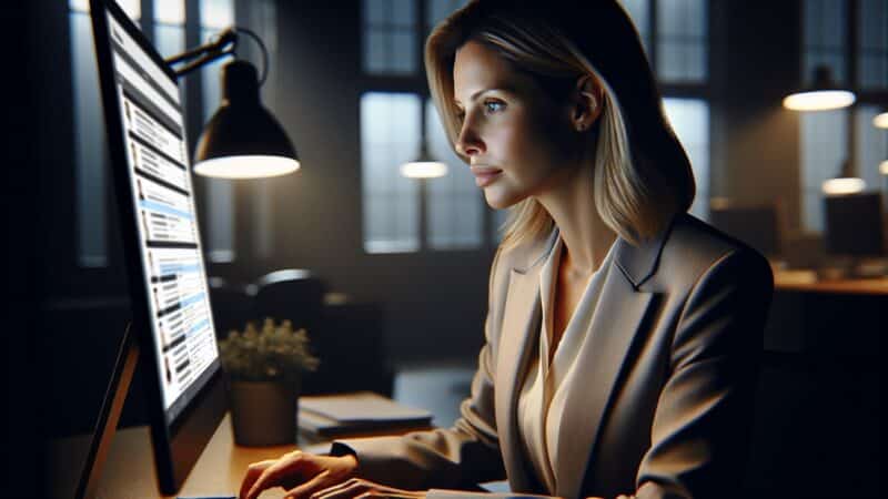 A marketer reviews leads on a computer screen.