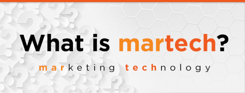 Image shows the question what is martech? The 'mar' and 'tech' are in different colours, and below the words marketing and technology appear using the same colours as in martech. The image helps explain the word is a portmanteau of marketing and technology.