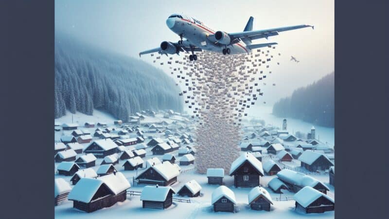 A plane drops envelopes over a frozen village.