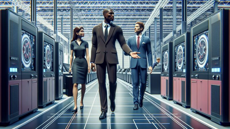 A salesman shows technology platforms to potential customers.