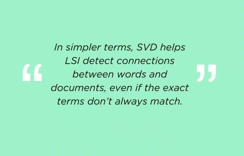 In simpler terms, SVD helps LSI detect connections between words and documents, even if the exact terms don’t always match. 