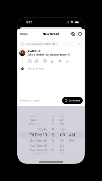 A screenshot of the schedule post feature in Threads. 