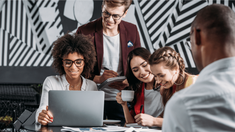 Diverse team working together on a project