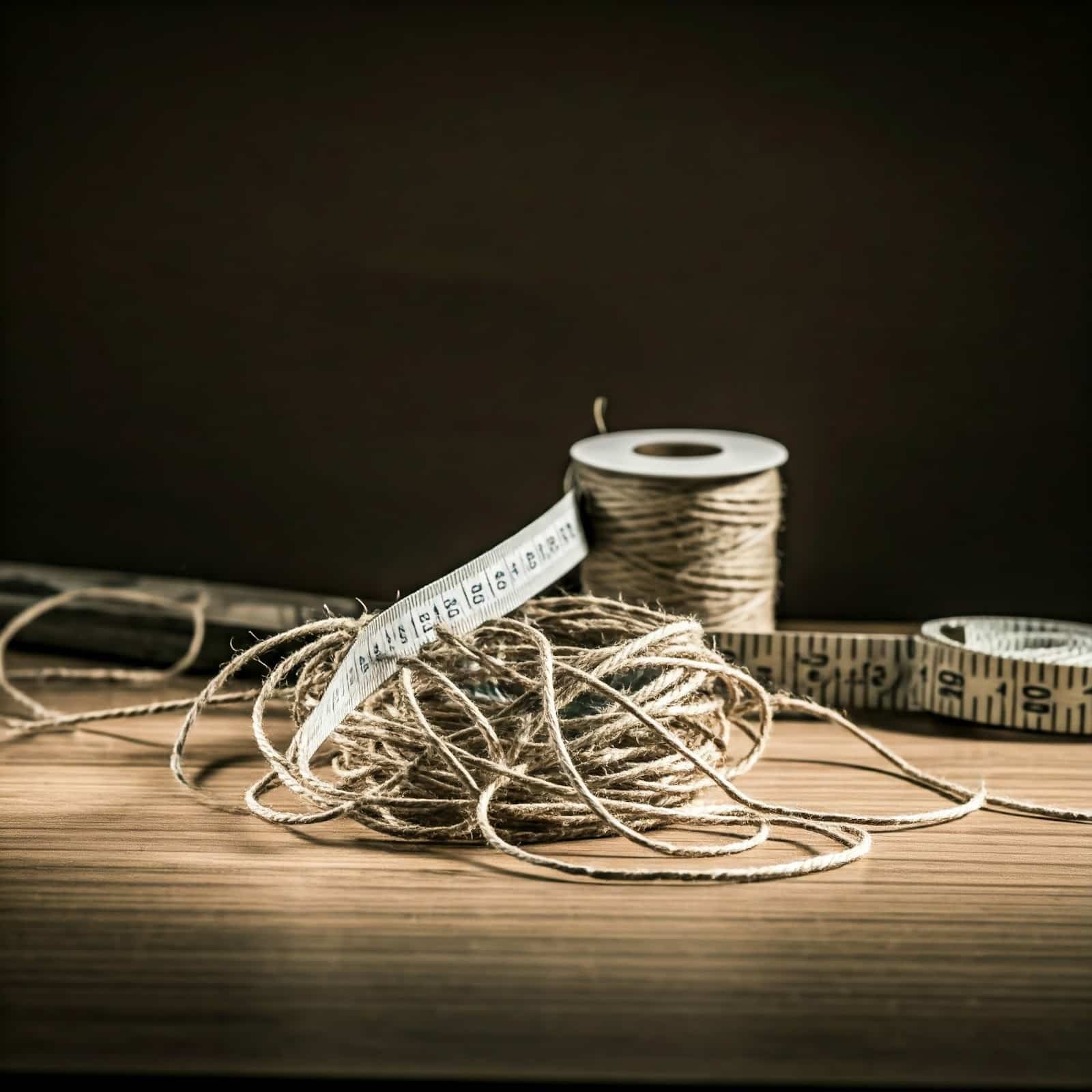 original image created using Gemini. It depicts a bundle of string and a roll of string with two measuring tapes positioned around and on the string