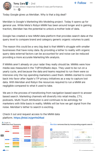 LinkedIn post from Tony Zara on Google's Meridian MMM.