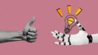 Illustration-of-human-hand-giving-thumbs-up-and-robotic-hand-holding-light-bulb