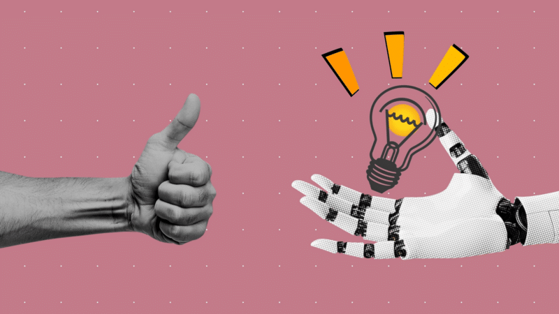 Illustration of human hand giving thumbs up and robotic hand holding light bulb