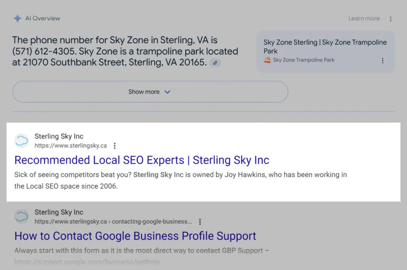 Google SERP Sterling phone number