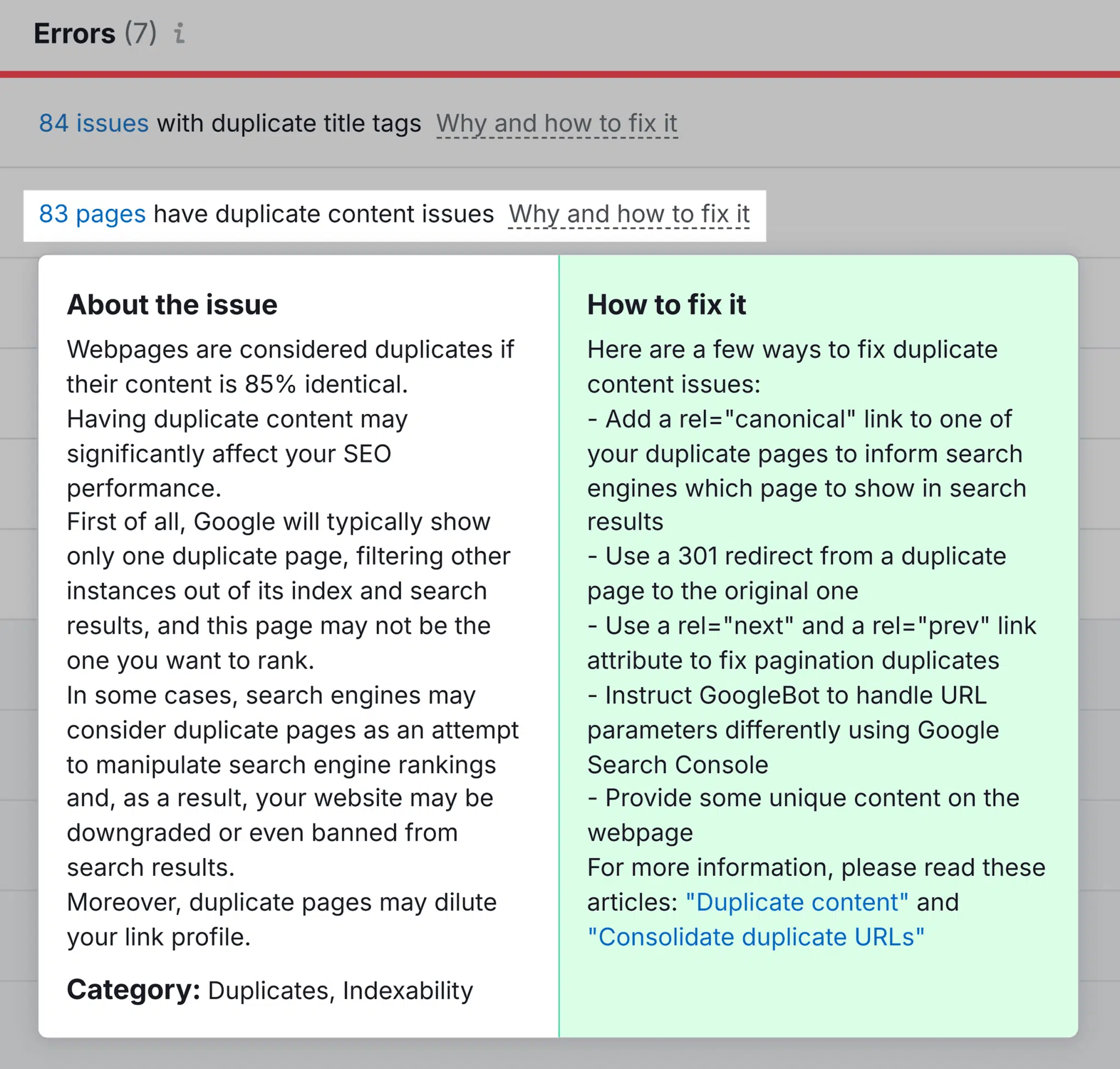 Site Audit Issues Duplicates
