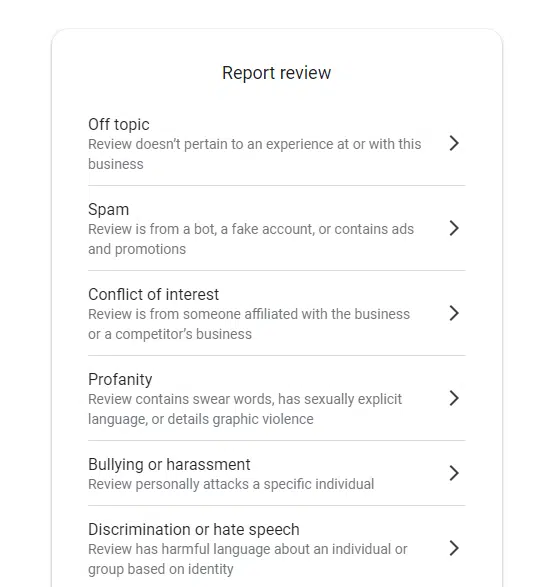 Different reasons why you can report a Google review