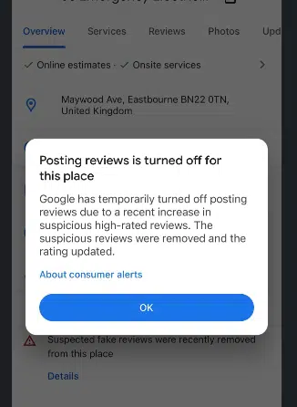 GBP review posting suspended because of suspected spam