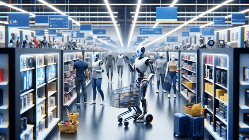 Robots shopping in a store.