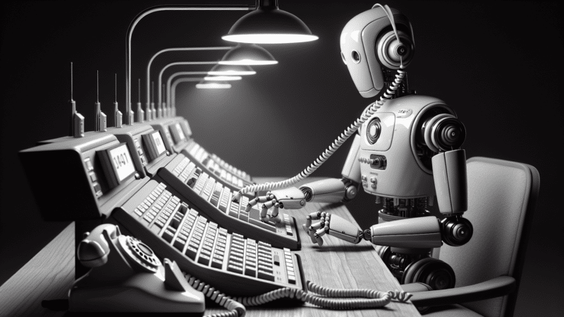 A robot working a telephone switchboard.