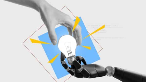 Woman-touching-light-bulb-held-by-robot-hand
