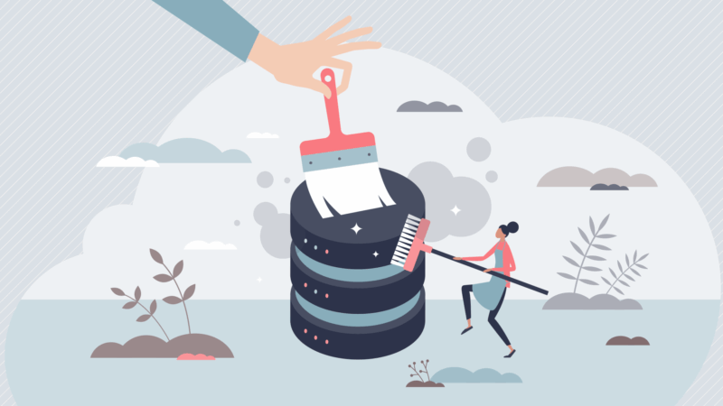 Illustration in which two figures clean a database with a brush and broom.