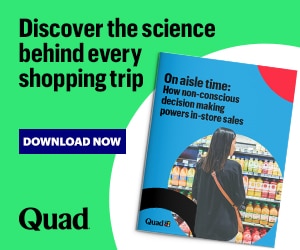 Quad advertisement on a green background reading 'Discover the science behind every shopping trip', featuring an image of an open guide titled 'On aisle time: How non-conscious decision making powers in-store sales' and a blue 'Download Now' button