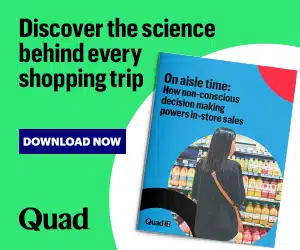 Quad advertisement on a green background reading 'Discover the science behind every shopping trip', featuring an image of an open guide titled 'On aisle time: How non-conscious decision making powers in-store sales' and a blue 'Download Now' button