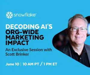 Snowflake webinar ad on a bright blue background showing the Snowflake logo, the title 'Decoding AI's Org-Wide Marketing Impact: An Exclusive Session with Scott Brinker', date and time 'June 10 | 10 AM PT / 1 PM ET', and a portrait of Scott Brinker