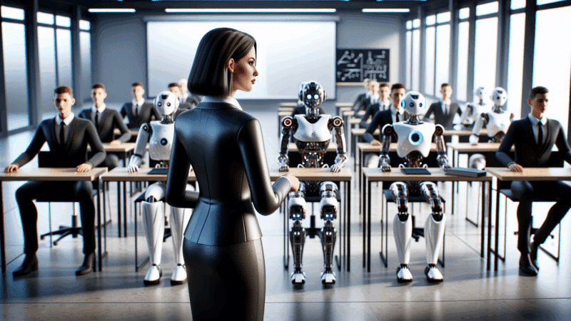 A marketers teaching a class with robots.