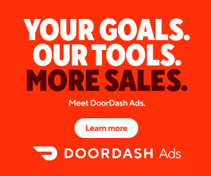 DoorDash Ads ad on a bright red background with large white text 'YOUR GOALS. OUR TOOLS. MORE SALES.', a white 'Learn more' button below, and the DoorDash Ads logo at the bottom