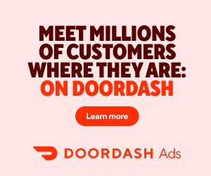 DoorDash Ads banner on a light pink background reading 'MEET MILLIONS OF CUSTOMERS WHERE THEY ARE: ON DOORDASH' in bold dark red text, with a red 'Learn more' button and the DoorDash Ads logo beneath