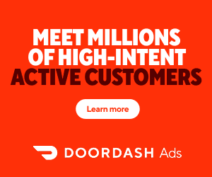 DoorDash Ads banner on a bright red background reading ‘MEET MILLIONS OF HIGH-INTENT ACTIVE CUSTOMERS’ with a white ‘Learn more’ button and the DoorDash Ads logo