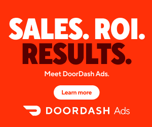 DoorDash Ads banner on a bright red background reading ‘SALES. ROI. RESULTS.’ with smaller text ‘Meet DoorDash Ads.’, a white ‘Learn more’ button, and the DoorDash Ads logo
