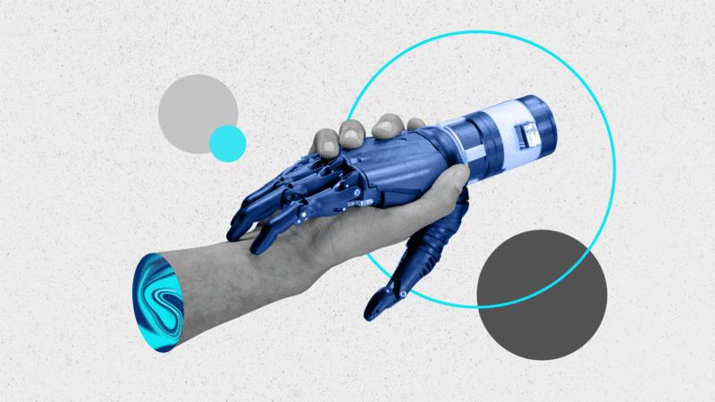 Handshake between man and AI collage