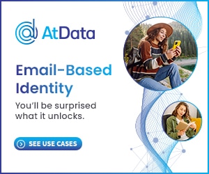 AtData newsletter ad with abstract blue network background, AtData logo, text 'Email-Based Identity: You'll be surprised what it unlocks.', two circular inset photos of people using devices, and a blue 'See Use Cases' button