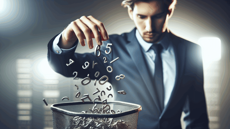A marketer dropping numbers into a waste basket.