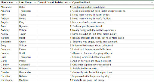A sample of synthetic customer data generated by ChatGPT.
