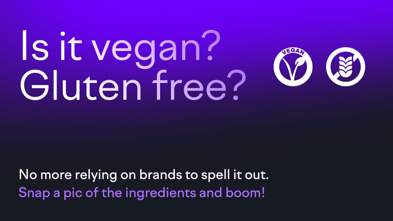 Is it vegan? Gluten free? Customers do not rely on brands to spell it out! This is declared on a purple ombré visual with vegan and gluten free logos in white in the typical Semrush Enterprise branding.
