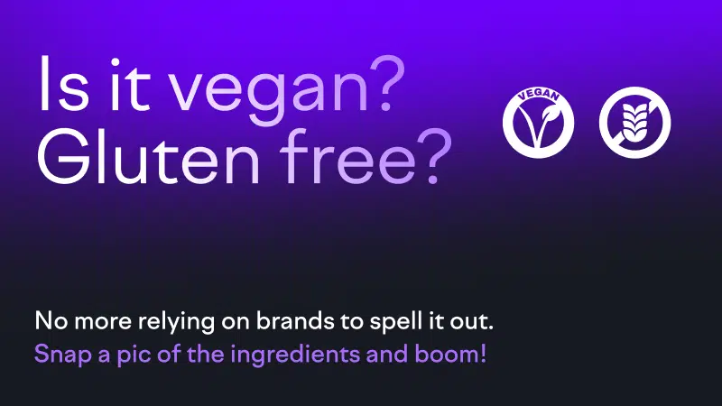 Is it vegan? Gluten free? Customers do not rely on brands to spell it out! This is declared on a purple ombré visual with vegan and gluten free logos in white in the typical Semrush Enterprise branding.