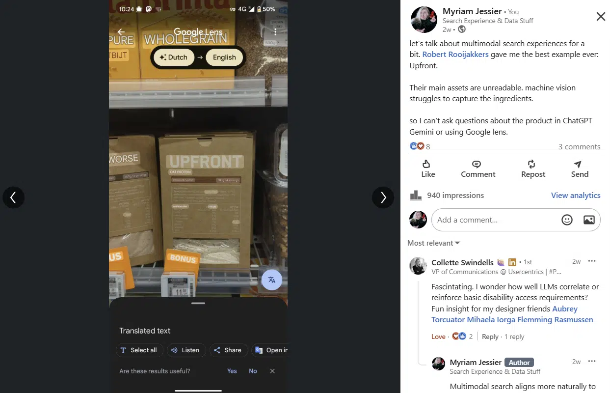 Packages labeled Upfront on a shelf. Google Lens translation from Dutch to English is visible. The ingredients are not readable