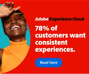 Adobe Experience Cloud ad with red background, smiling woman in orange turtleneck and sunglasses, text ‘78% of customers want consistent experiences,’ and a blue ‘Read here’ button.