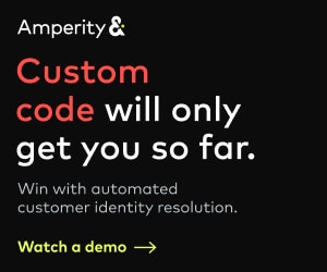 Amperity ad on black background reading 'Custom code will only get you so far. Win with automated customer identity resolution.' with a 'Watch a demo' arrow.