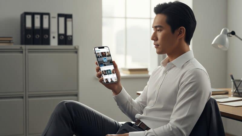 A business professional watching vertical video content on a large smartphone screen, set against a modern office background.