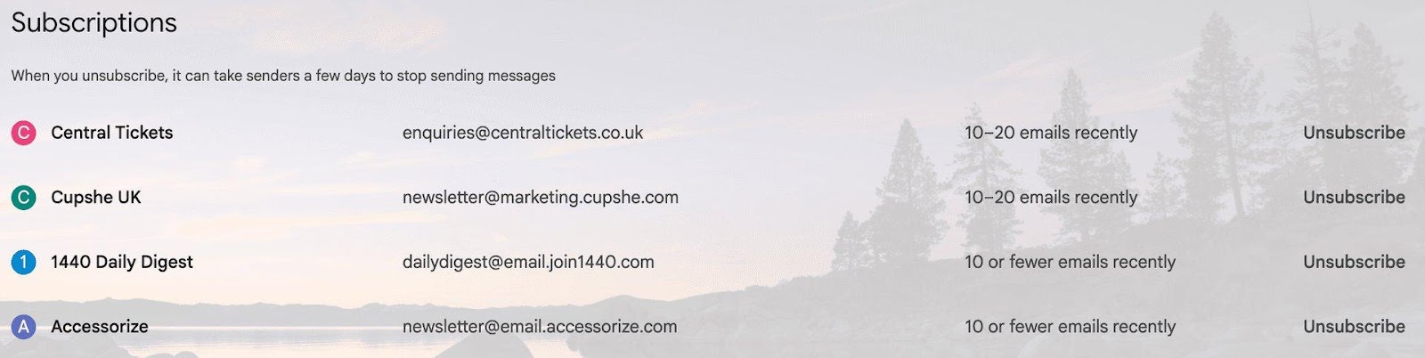 Gmail's 'Manage subscriptions' feature in action
