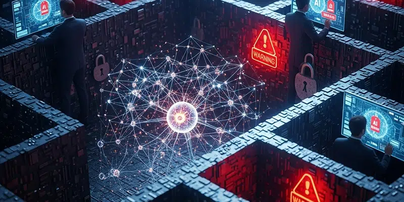 A digital illustration of professionals working in a high-tech maze-like environment, each at separate computer stations labeled “AI” and “Warning,” surrounding a glowing neural network sphere representing artificial intelligence and data connections.