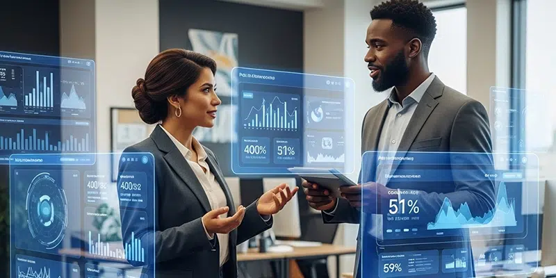 Two business professionals in a modern office discussing data, surrounded by floating digital dashboards and analytics visualizations representing AI-driven insights and performance metrics.