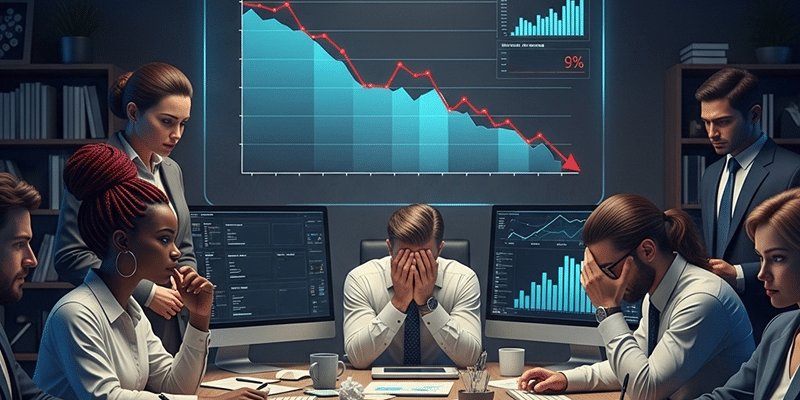 A distressed group of seven professionals in a dimly lit office confront a large screen displaying a sharp downward trend in a line graph, indicating a significant business decline.