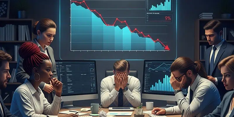 A distressed group of seven professionals in a dimly lit office confront a large screen displaying a sharp downward trend in a line graph, indicating a significant business decline.