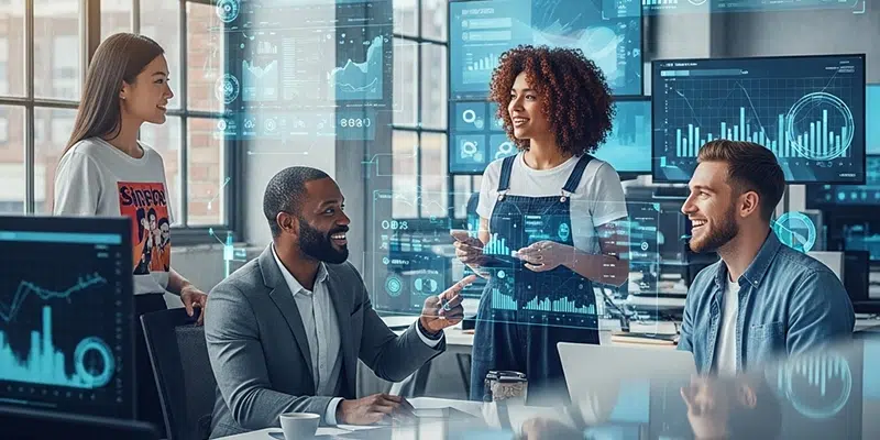 Four diverse professionals happily collaborate in a modern office surrounded by transparent digital displays showing graphs and data.
