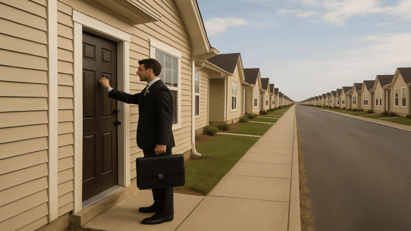 A businessperson knocks on a door of a home on a very long street.