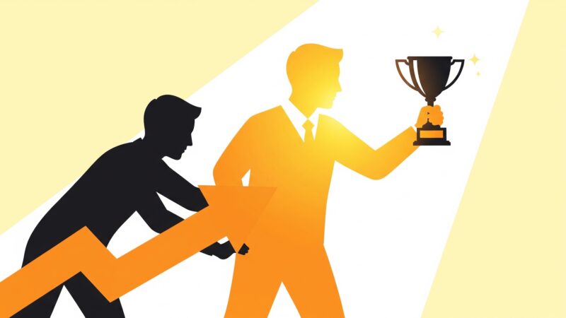 Two overlapping human silhouettes. The front silhouette is brightly lit and holding a small trophy, while the back silhouette, partially in shadow, is pushing a large arrow upward.
