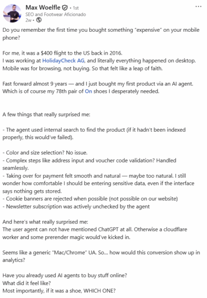 LinkedIn post by Max Woelfle describing an AI agent's seamless purchase of shoes and the resulting analytics challenge.