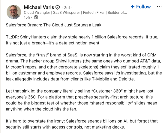 LinkedIn Post sobre violações de dados do Salesforce. 