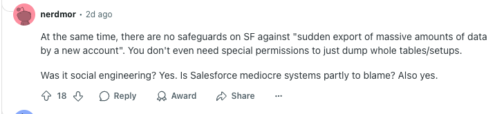 Reddit Usuário OBSERVAÇÕES Sobre a segurança dos dados do saleforce. 