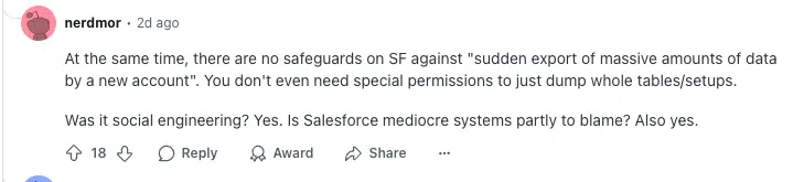 Reddit user's remarks on Saleforce data security.